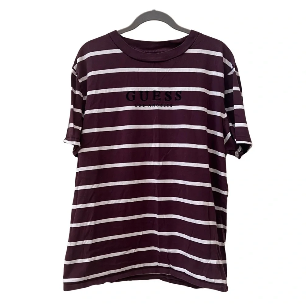 GUESS Doheny Los Angeles Purple Striped Short Sleeve Shirt, Large - Picture 2 of 8